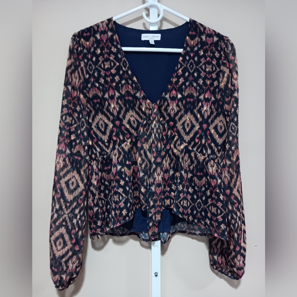 Koko + Mason Women's (Size S) Navy Multi Metallic Peplum Blouse (NWT)